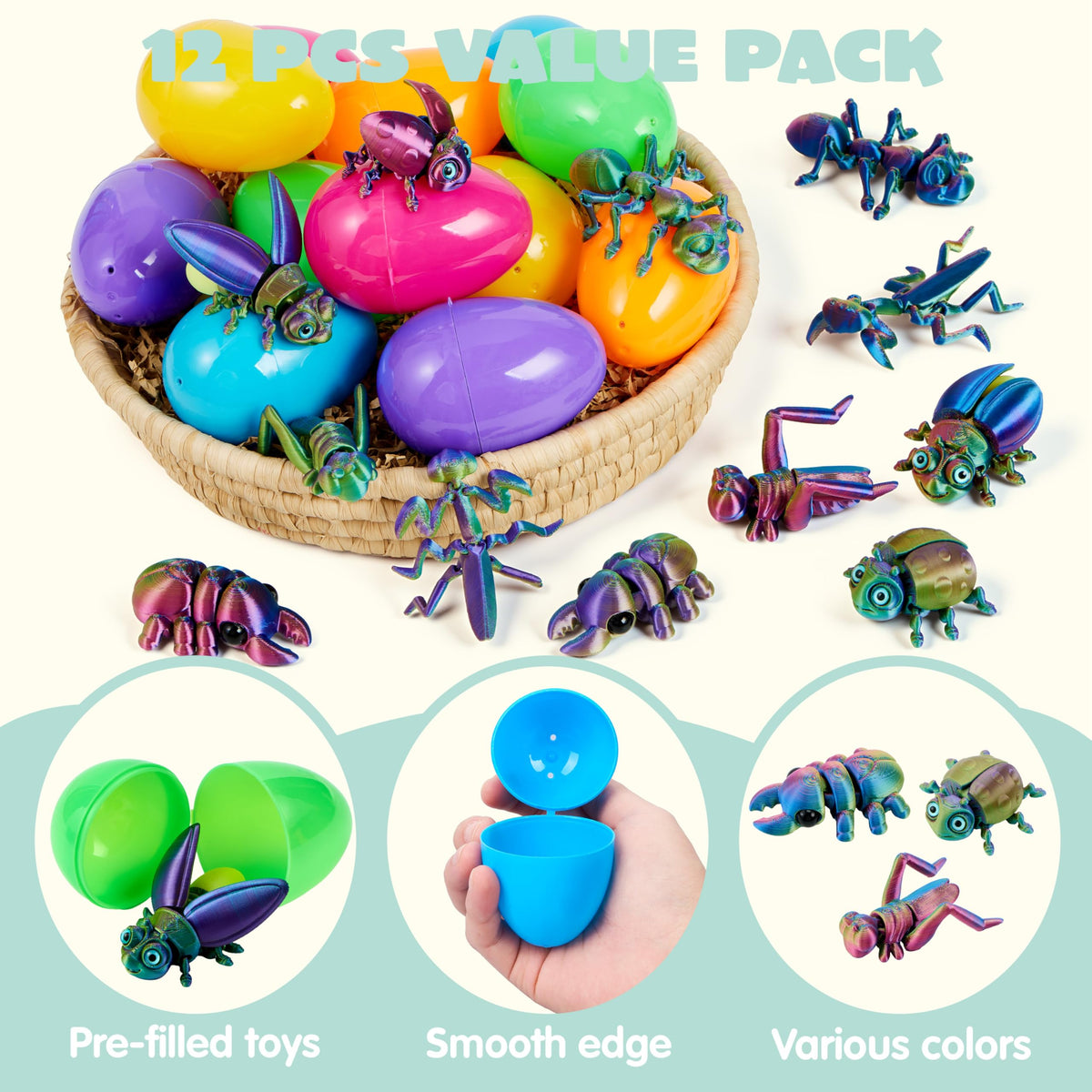 12 Pcs Prefilled Easter Eggs with 3D Printed Insects Toys