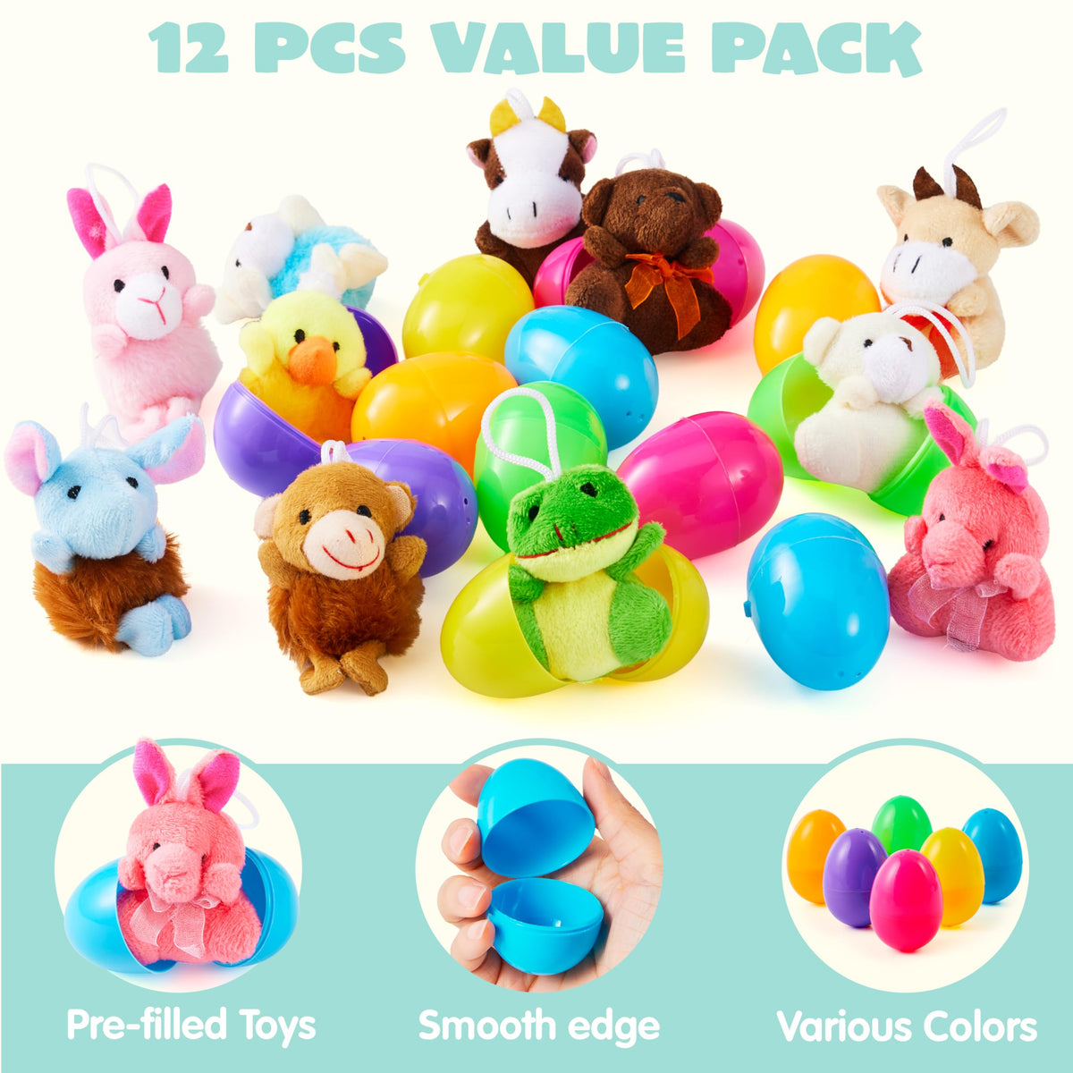 12 Pcs Prefilled Easter Eggs with Plush Toys for Egg Hunt, Party Favors & Classroom Prizes