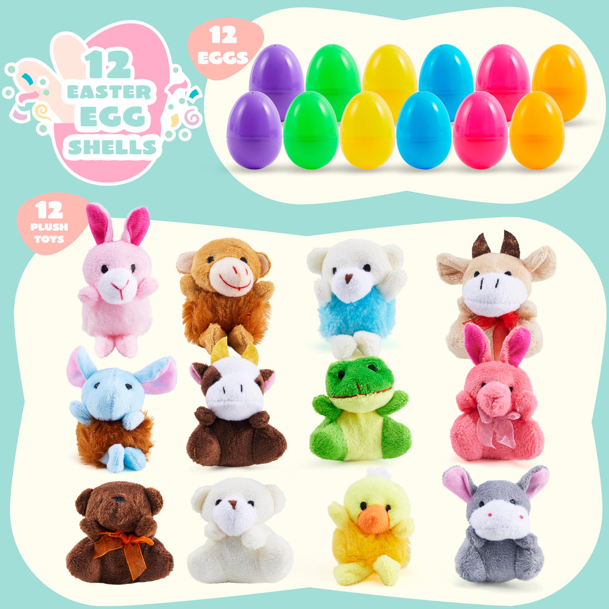 12 Pcs Prefilled Easter Eggs with Plush Toys for Egg Hunt, Party Favors & Classroom Prizes