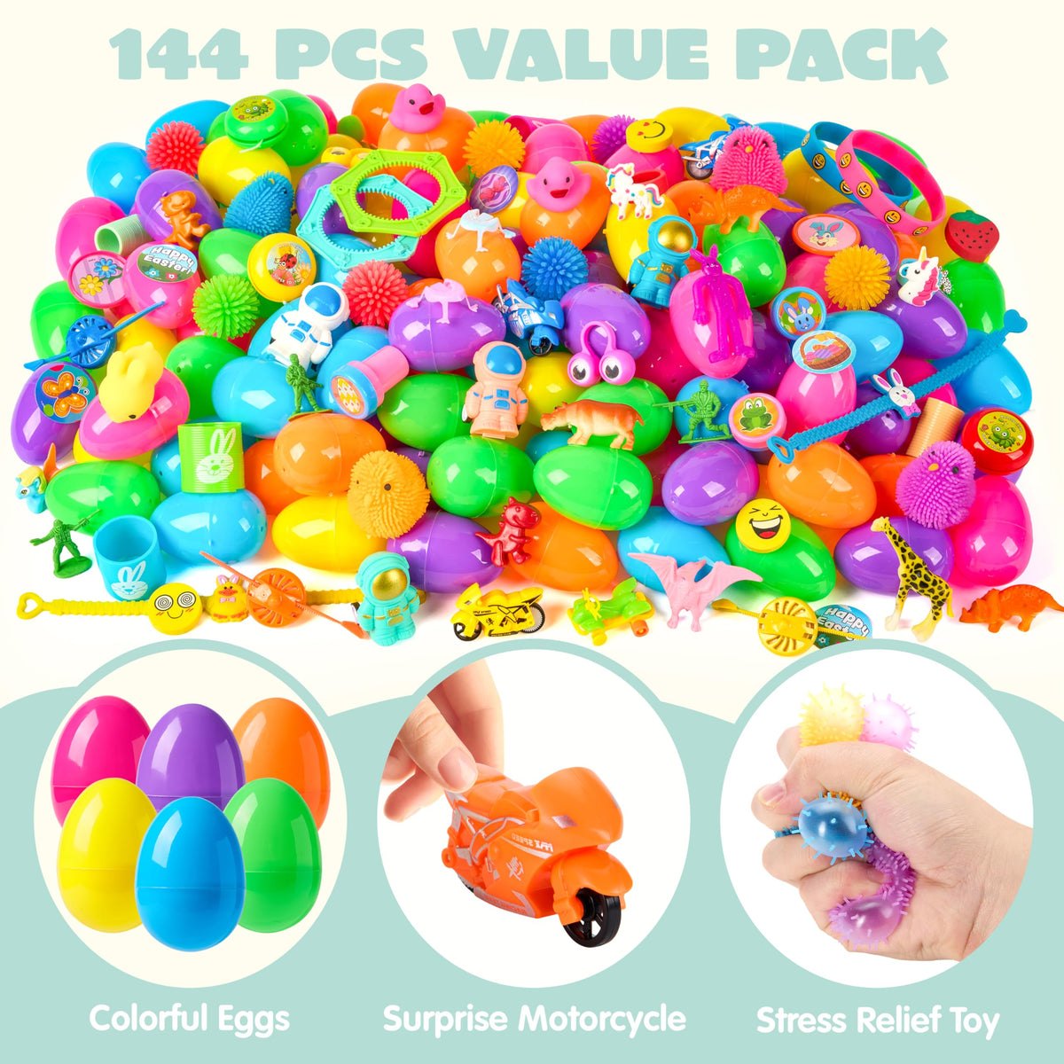 144 Pcs Prefilled Easter Eggs with Toys & Stickers for Egg Hunt, Party Favors & Classroom Prizes