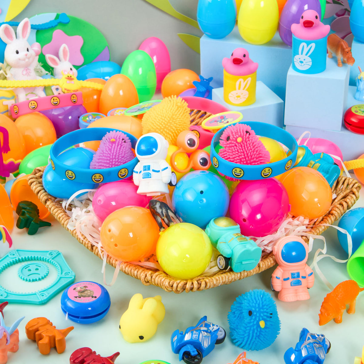 144 Pcs Prefilled Easter Eggs with Toys & Stickers for Egg Hunt, Party Favors & Classroom Prizes