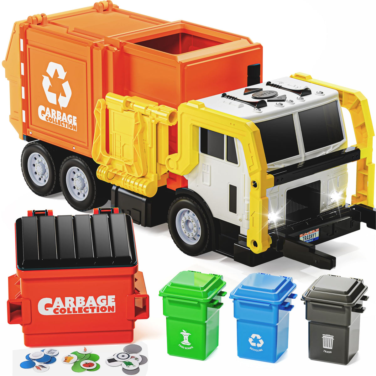 Large Friction Powered Garbage Truck Toy Set - Orange