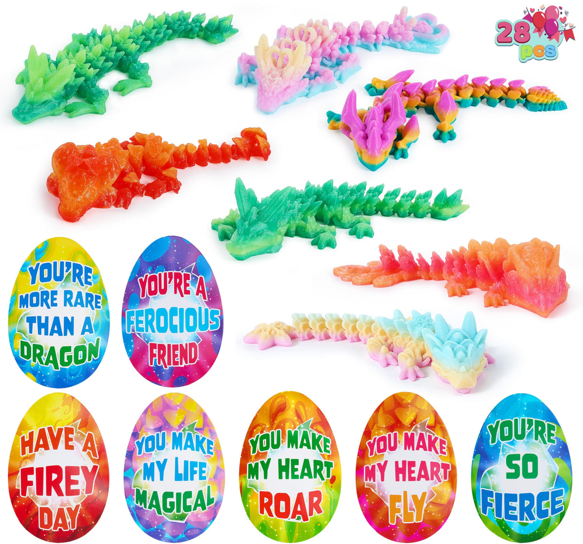 28PCS 3D Printed Dragon with Valentine's Day Cards for Classroom Exchange
