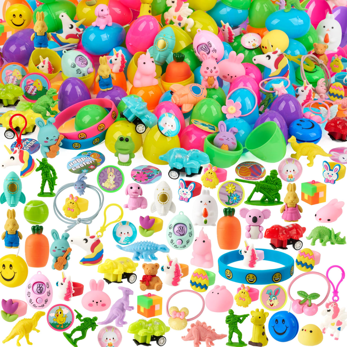 200 Pcs Prefilled Easter Eggs with Toys & Stickers, Easter Party Favors for Kids