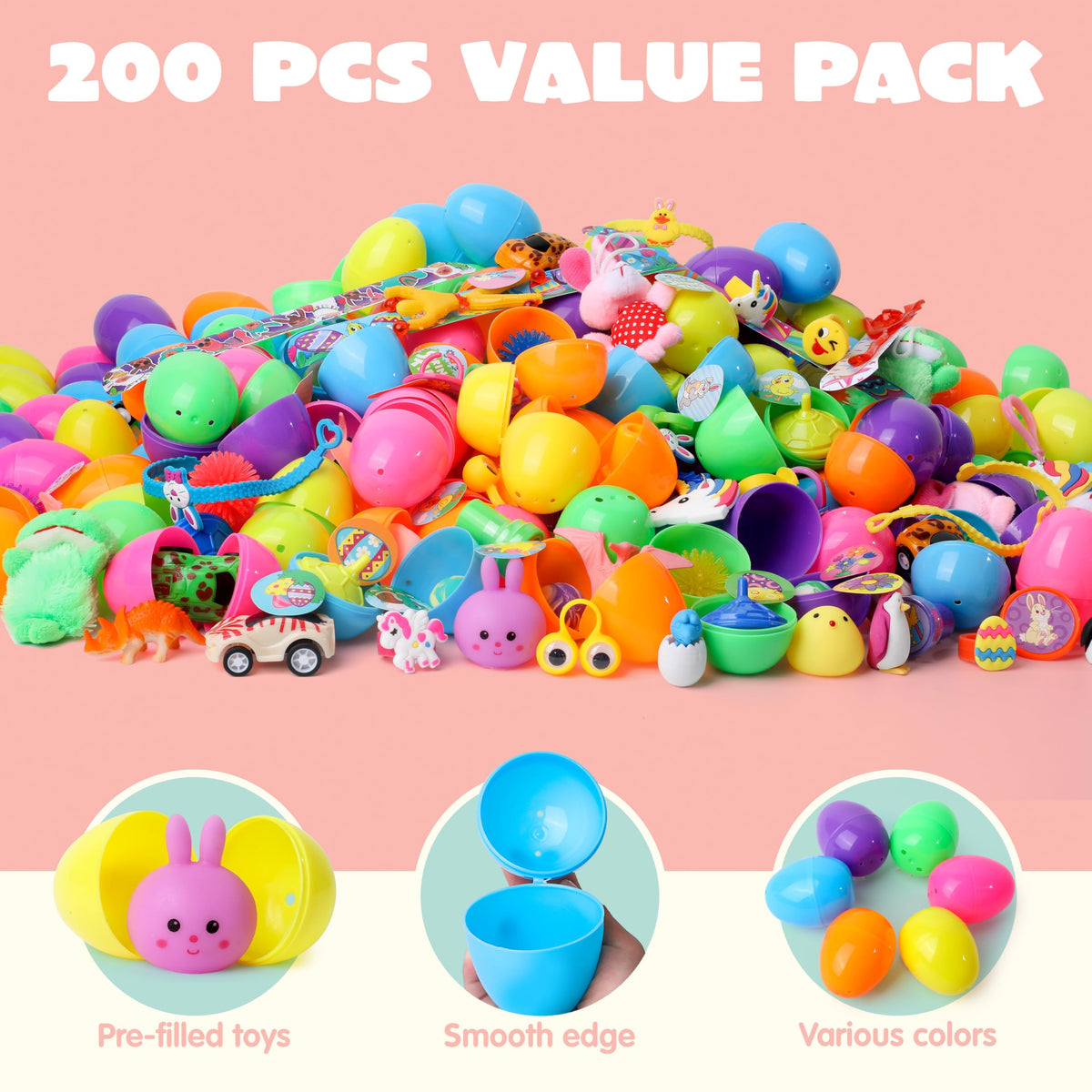200 Pcs Prefilled Easter Eggs with Toys & Stickers, Easter Party Favors for Kids