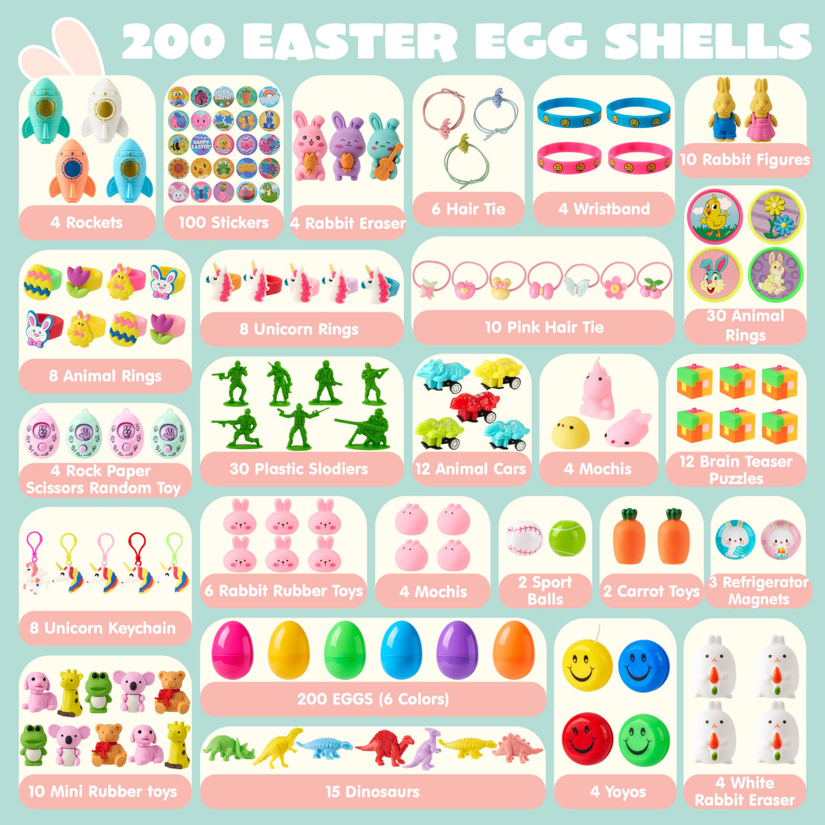 200 Pcs Prefilled Easter Eggs with Toys & Stickers, Easter Party Favors for Kids