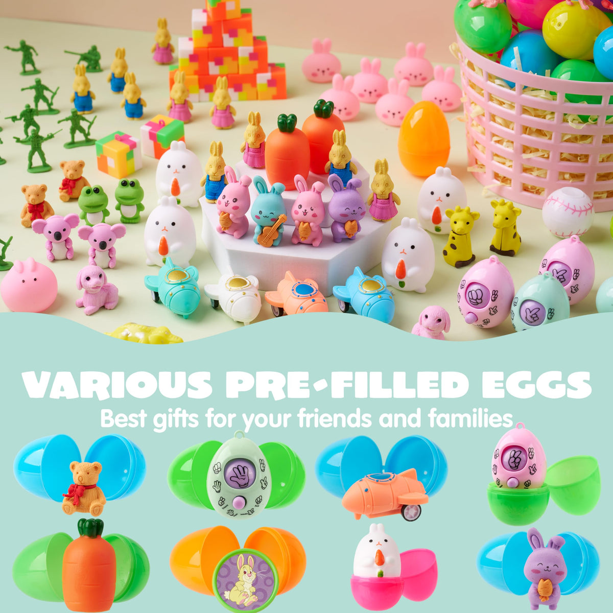 200 Pcs Prefilled Easter Eggs with Toys & Stickers, Easter Party Favors for Kids