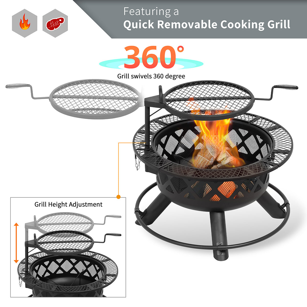 32'' Wood-Burning Fire Pit with Cooking Grill