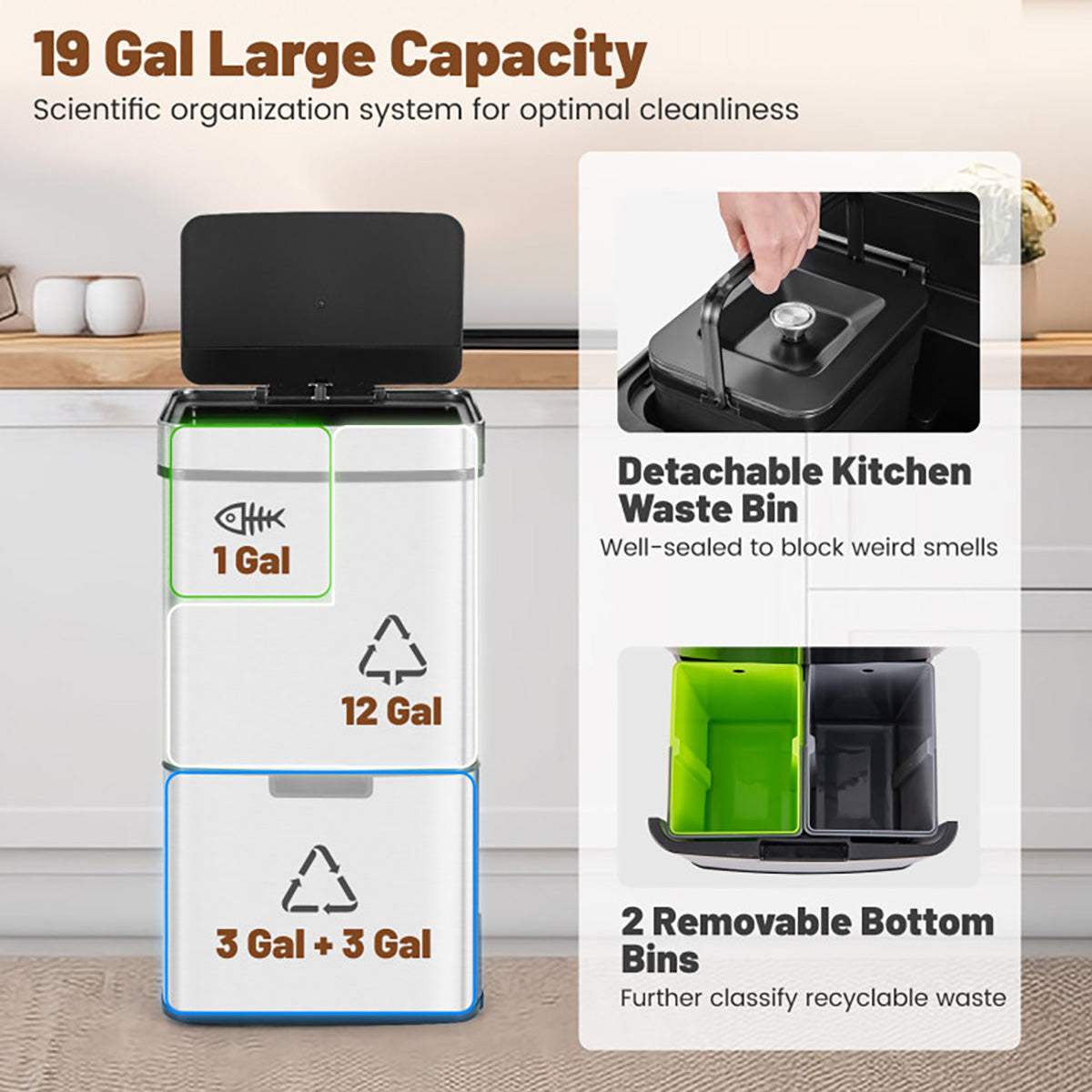 19 Gallon Quad Compartment Touchless Motion Sensor Trash Can