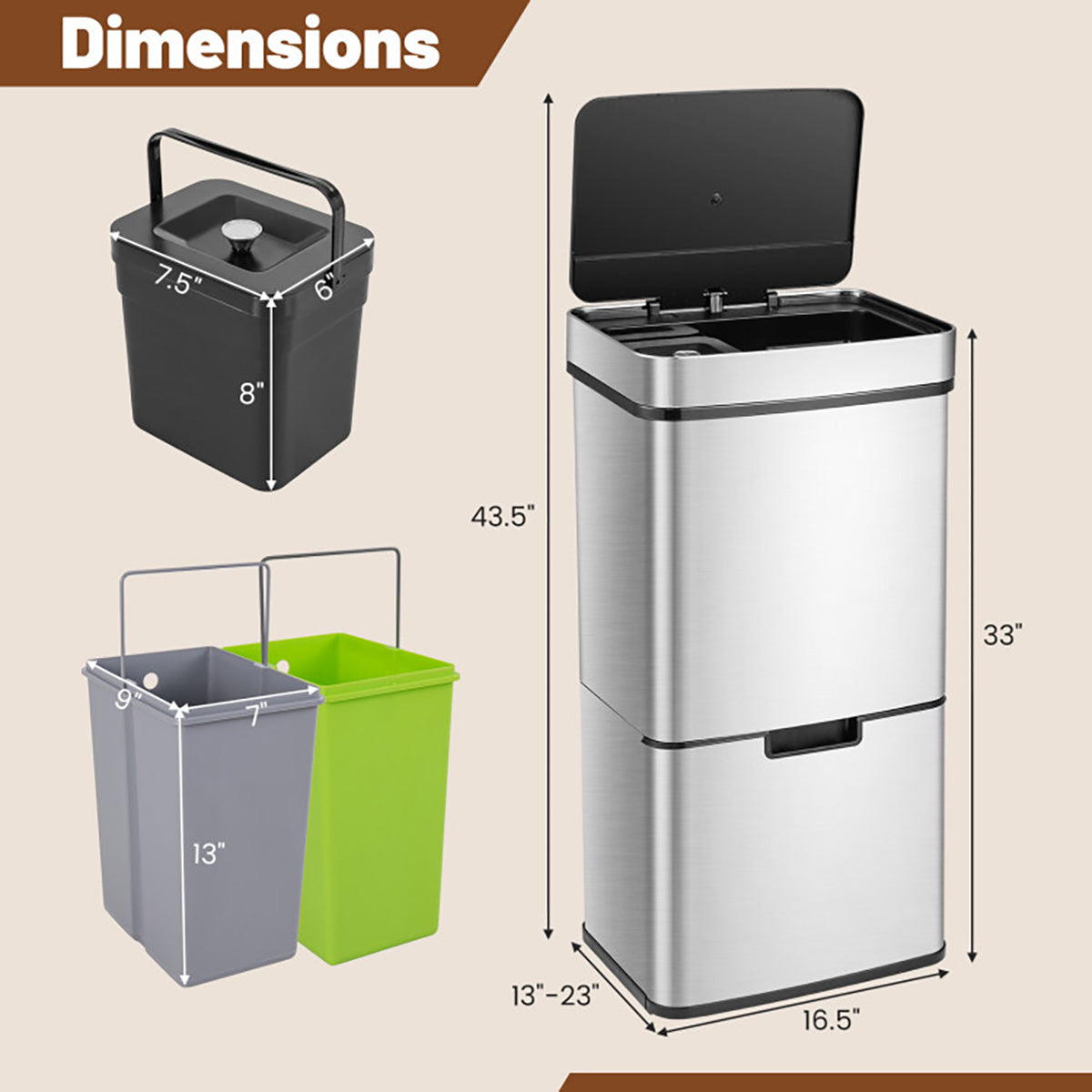 19 Gallon Quad Compartment Touchless Motion Sensor Trash Can