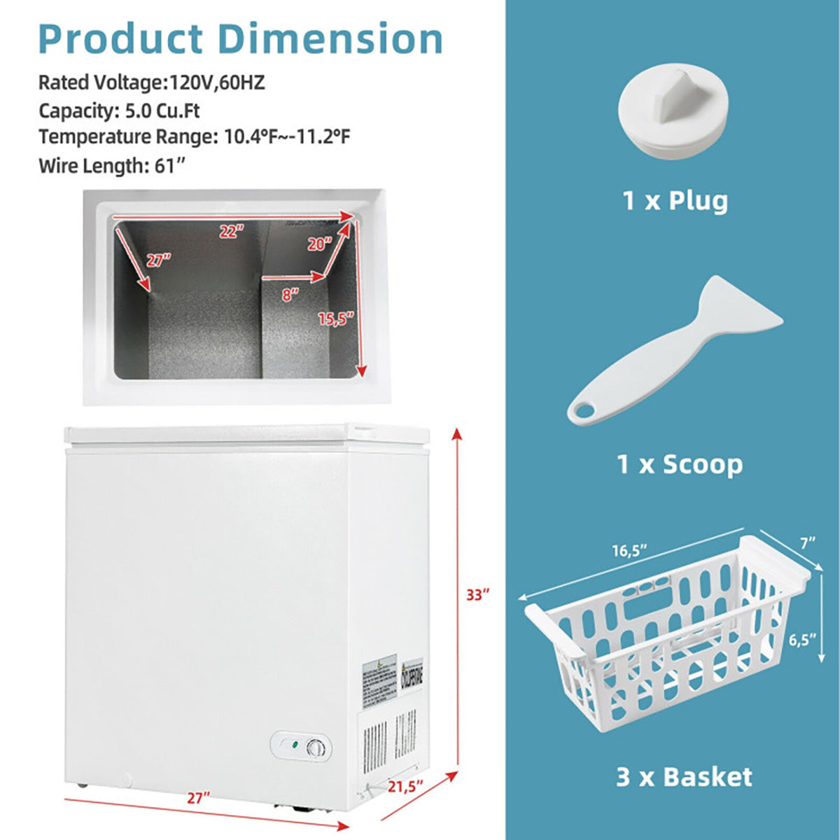 5 Cu. Ft. Chest Freezer with 3 Removable Storage Baskets