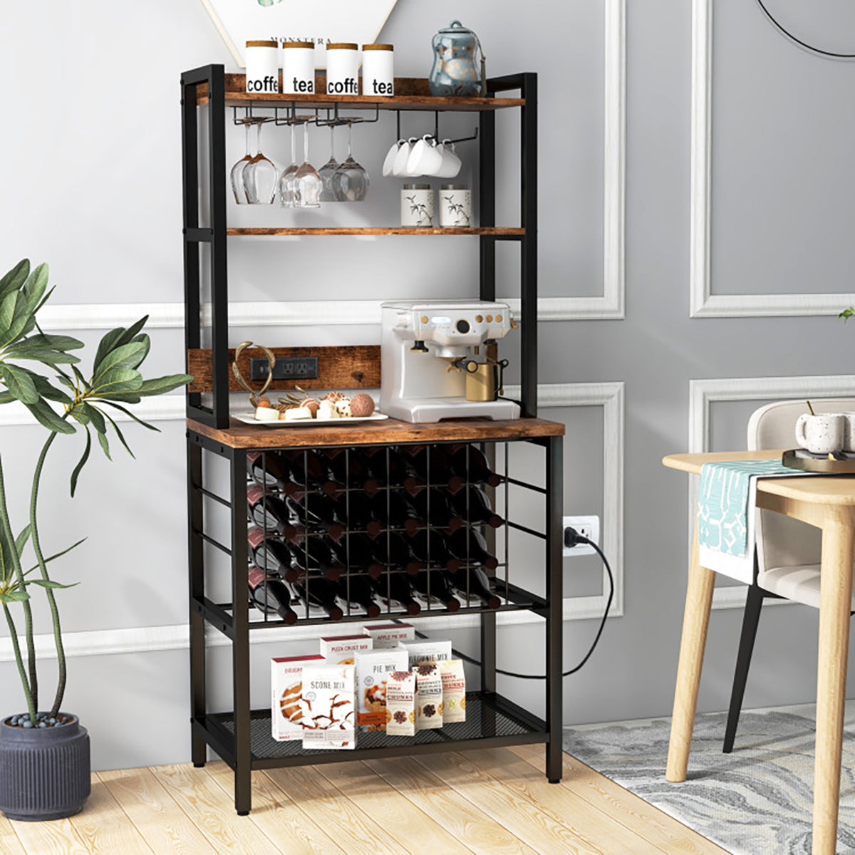 Wine Bar Cabinet with 4 Tier Storage Shelves and Glass Holders