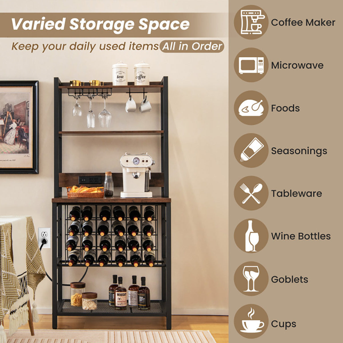 Wine Bar Cabinet with 4 Tier Storage Shelves and Glass Holders