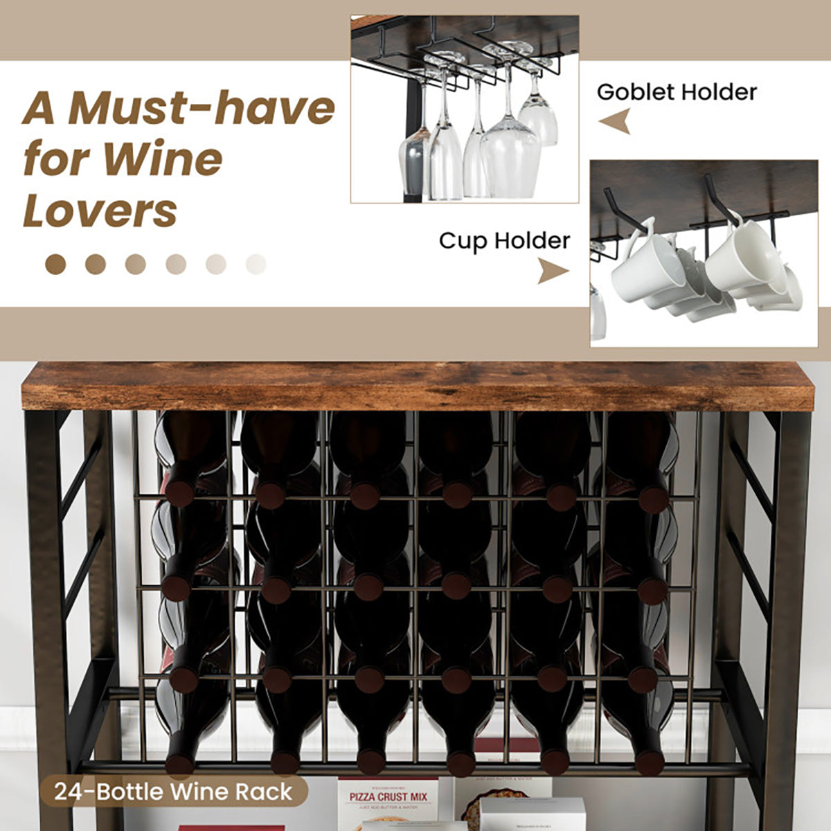 Wine Bar Cabinet with 4 Tier Storage Shelves and Glass Holders