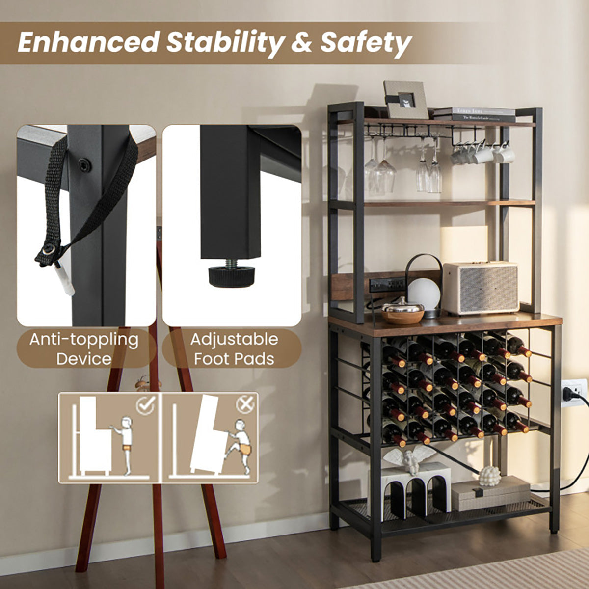 Wine Bar Cabinet with 4 Tier Storage Shelves and Glass Holders