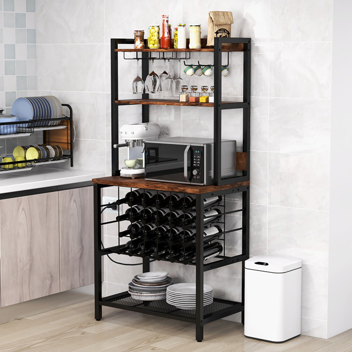 Wine Bar Cabinet with 4 Tier Storage Shelves and Glass Holders
