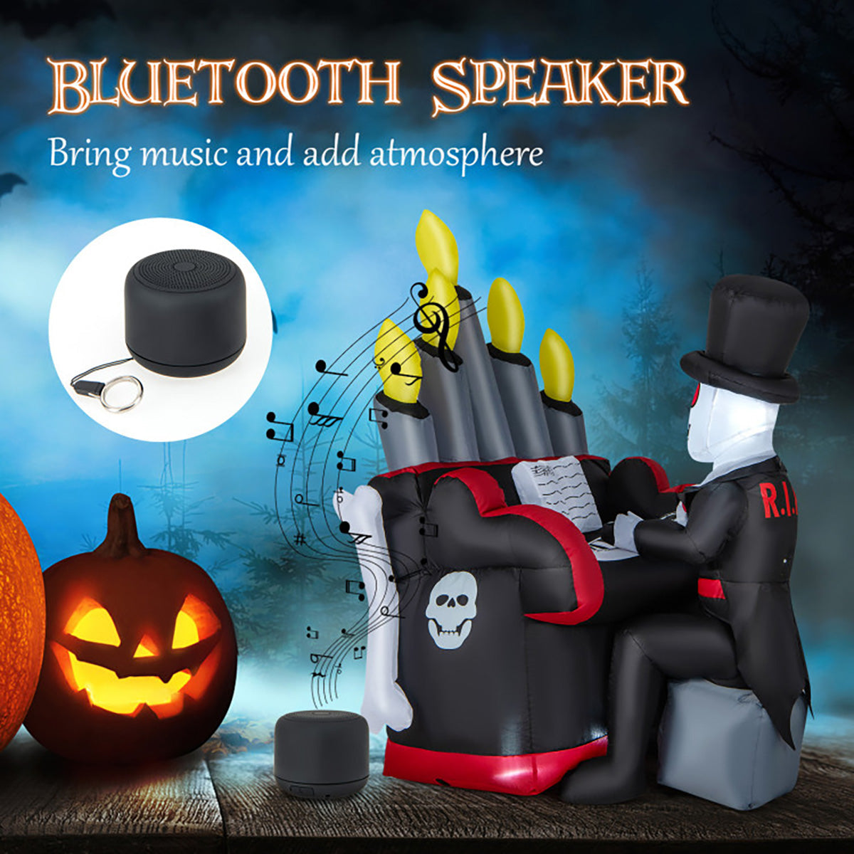 5.2' Inflatable Halloween Skeleton Playing the Piano with Bluetooth Speaker