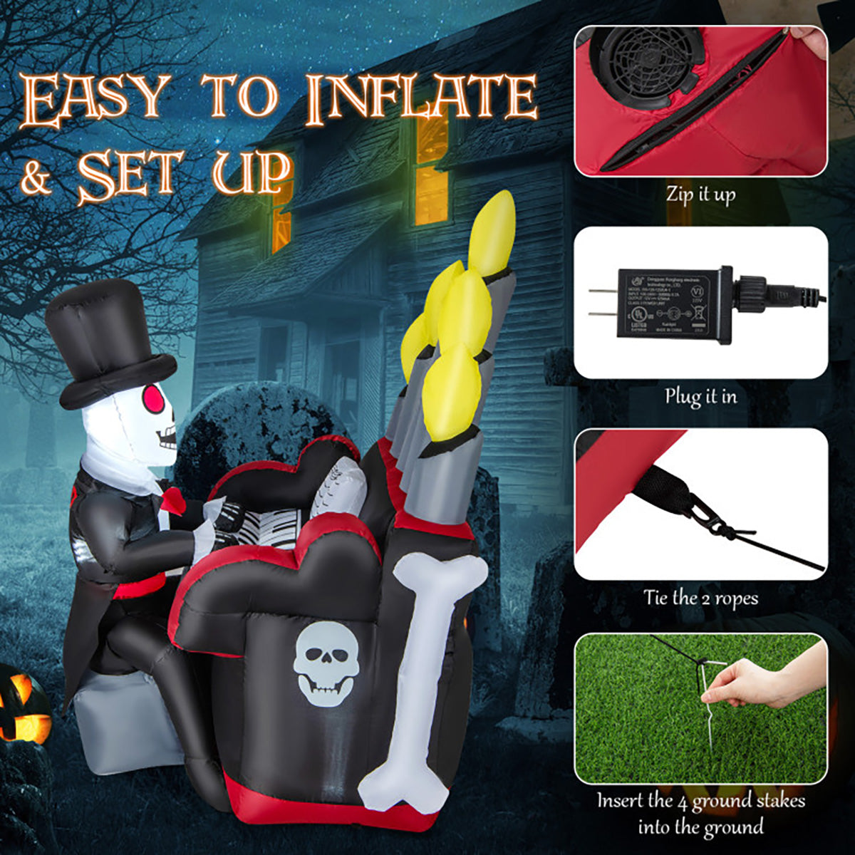 5.2' Inflatable Halloween Skeleton Playing the Piano with Bluetooth Speaker