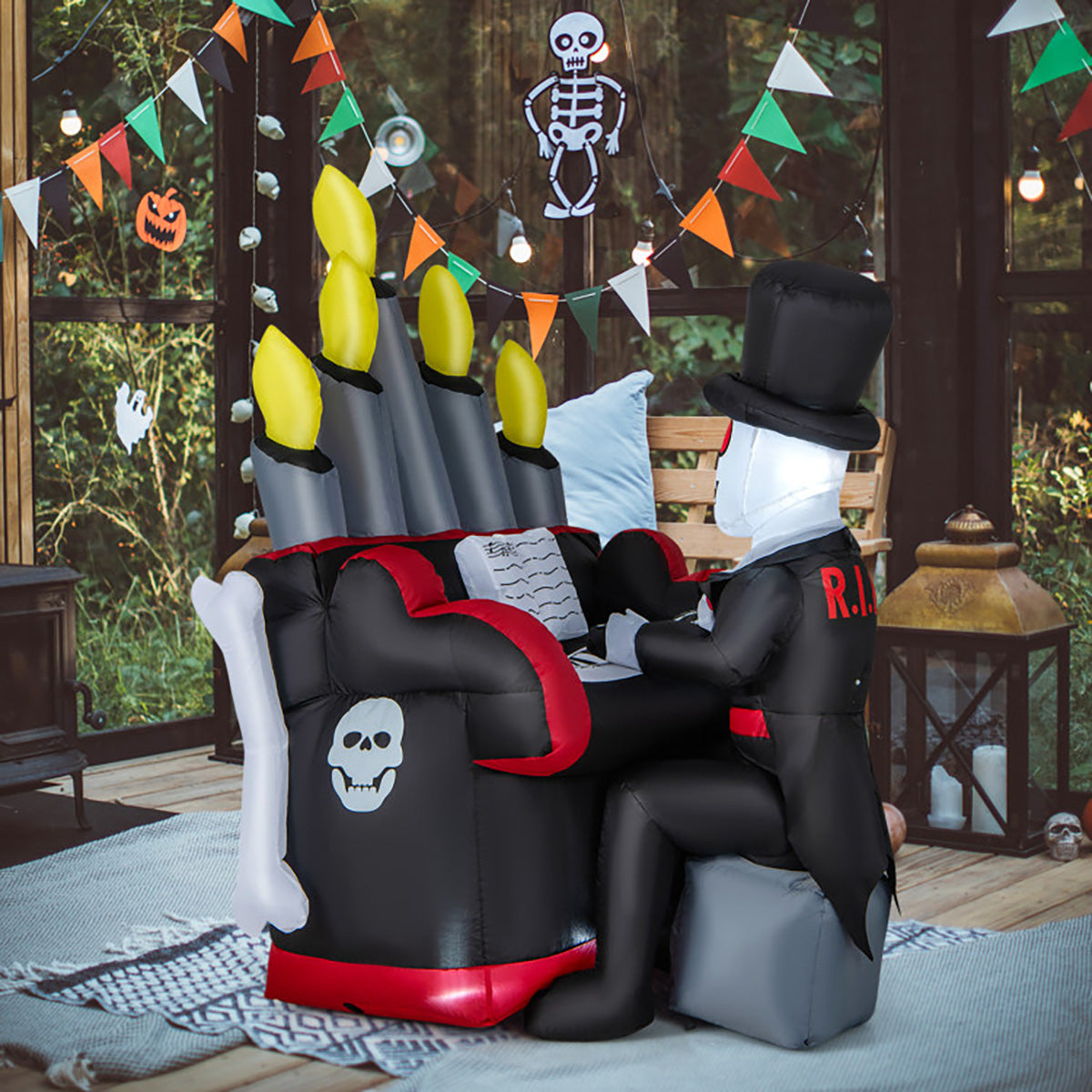 5.2' Inflatable Halloween Skeleton Playing the Piano with Bluetooth Speaker
