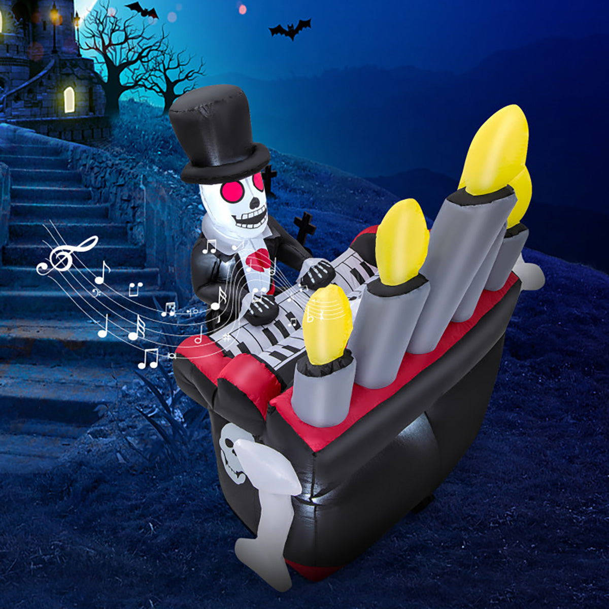 5.2' Inflatable Halloween Skeleton Playing the Piano with Bluetooth Speaker