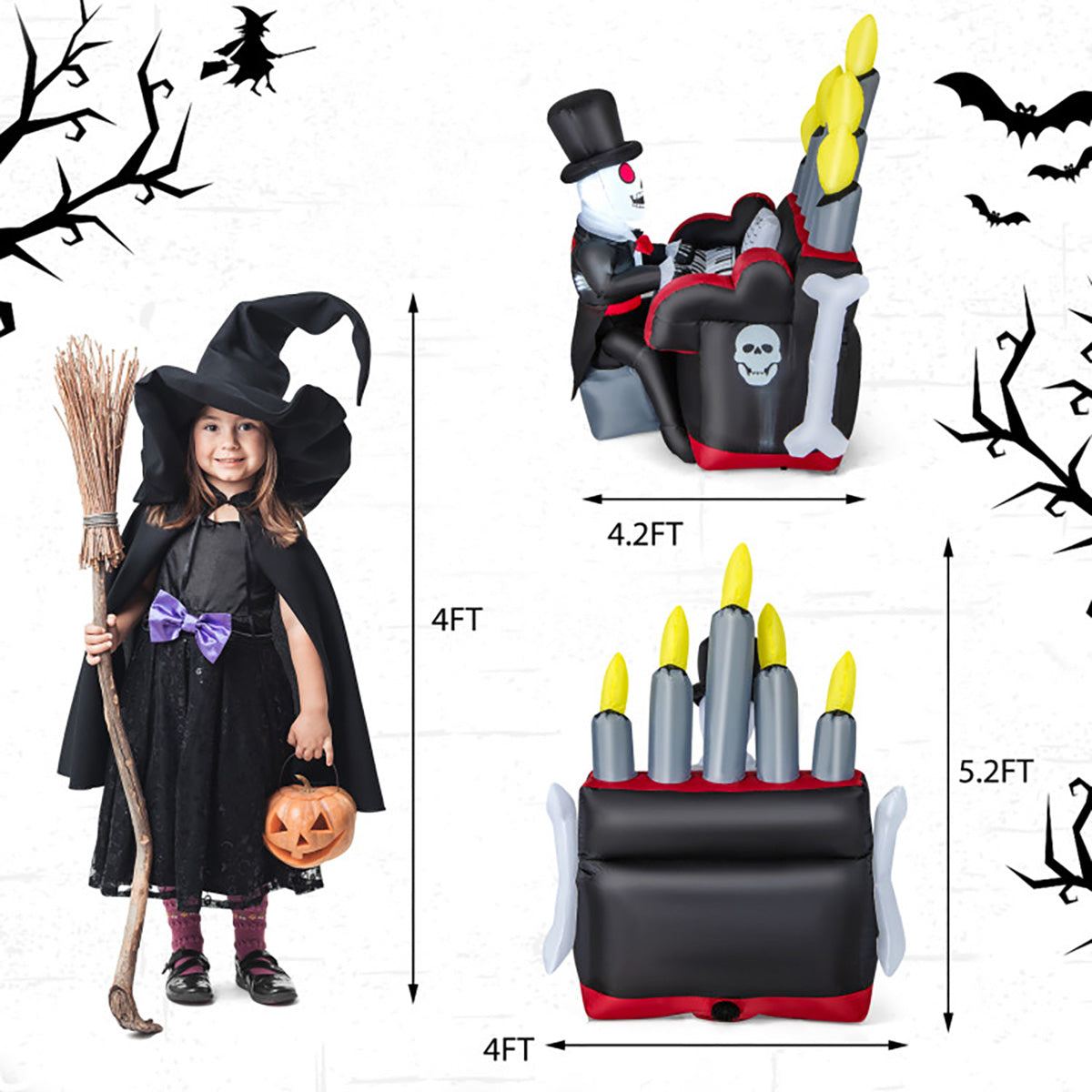 5.2' Inflatable Halloween Skeleton Playing the Piano with Bluetooth Speaker
