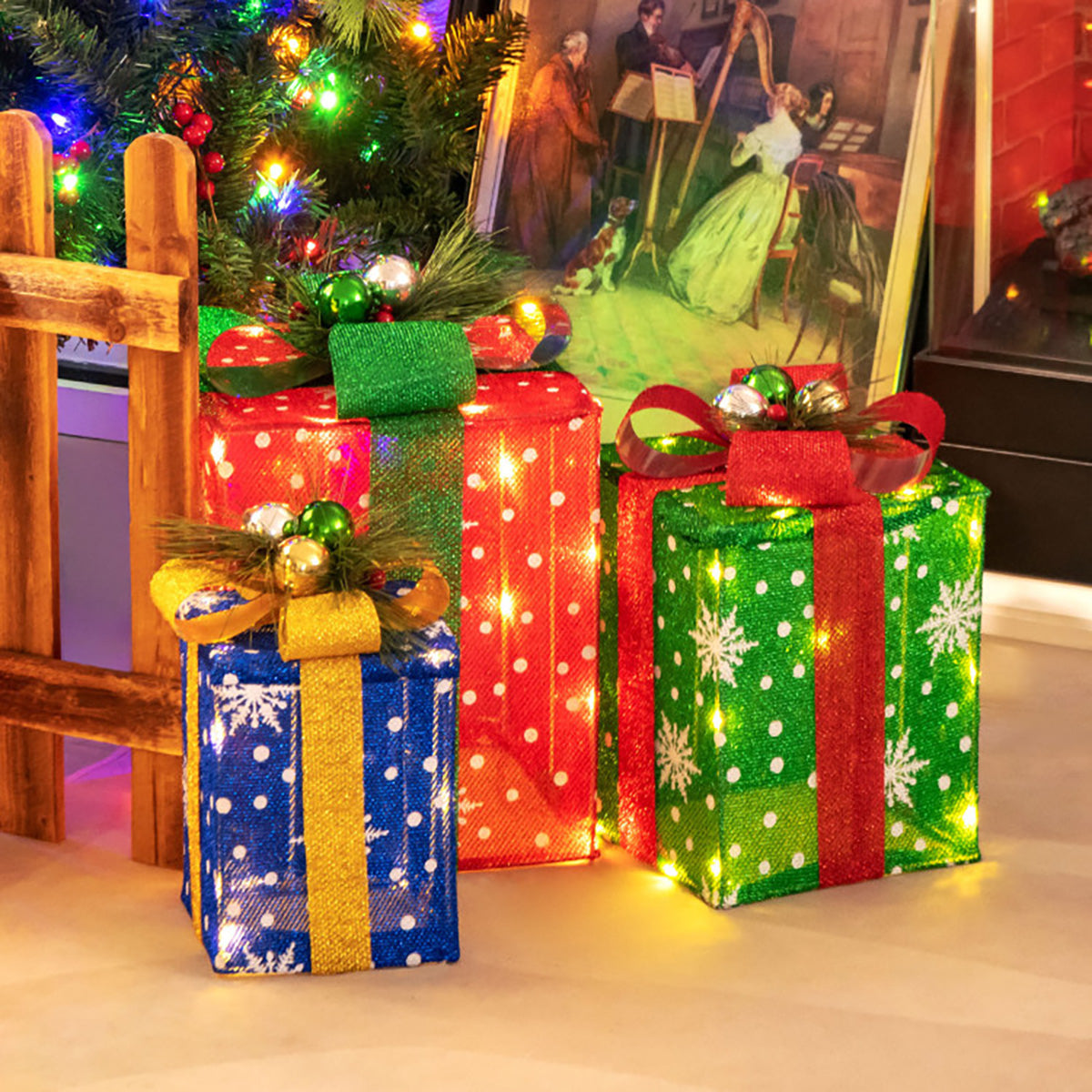 Pre-Lit Multi-Color Christmas Gift Box Decoration (Set of 3)