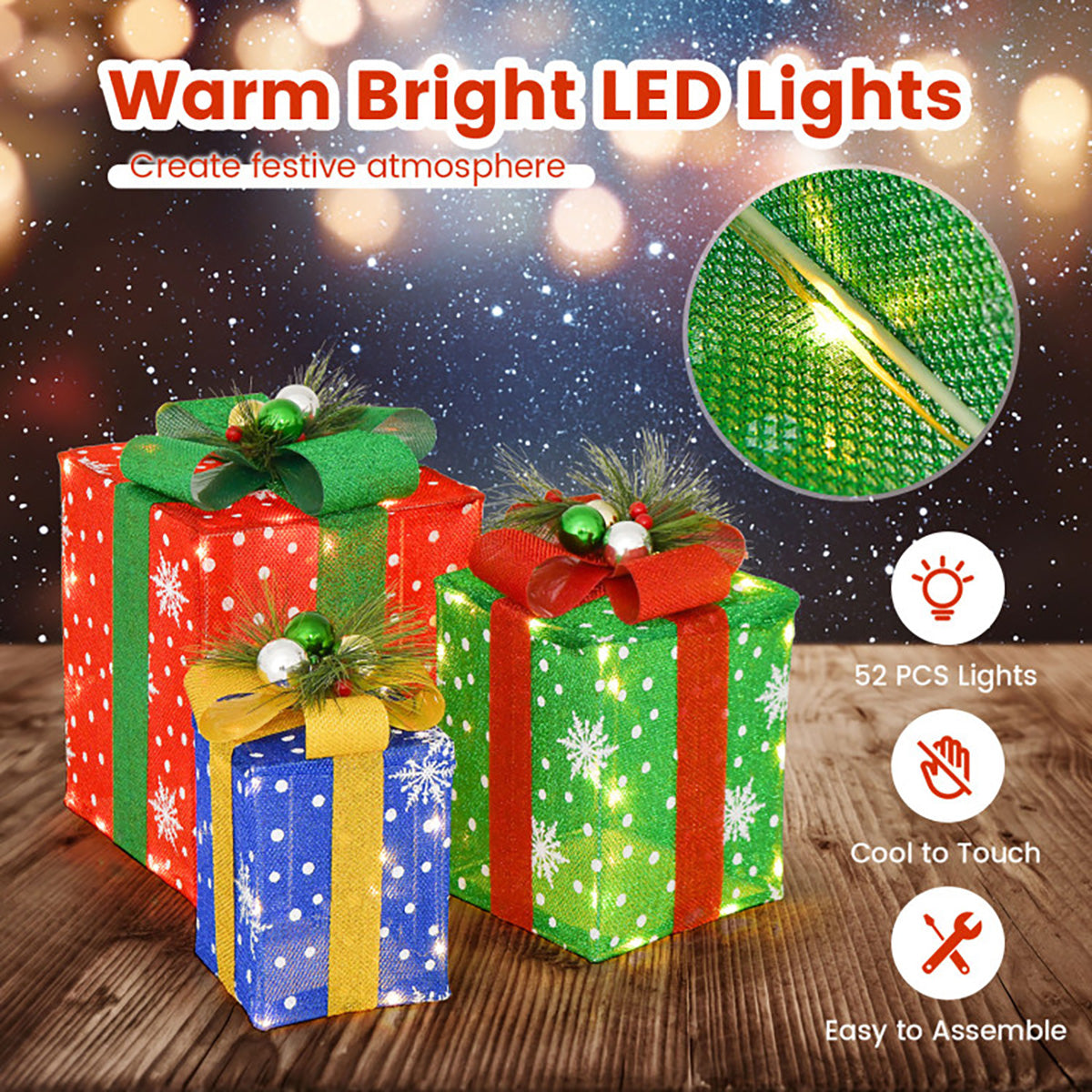 Pre-Lit Multi-Color Christmas Gift Box Decoration (Set of 3)