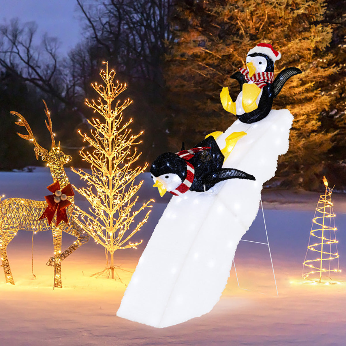 4' Pre-Lit Christmas Penguin Ice Skating Decor with Snowy Slide