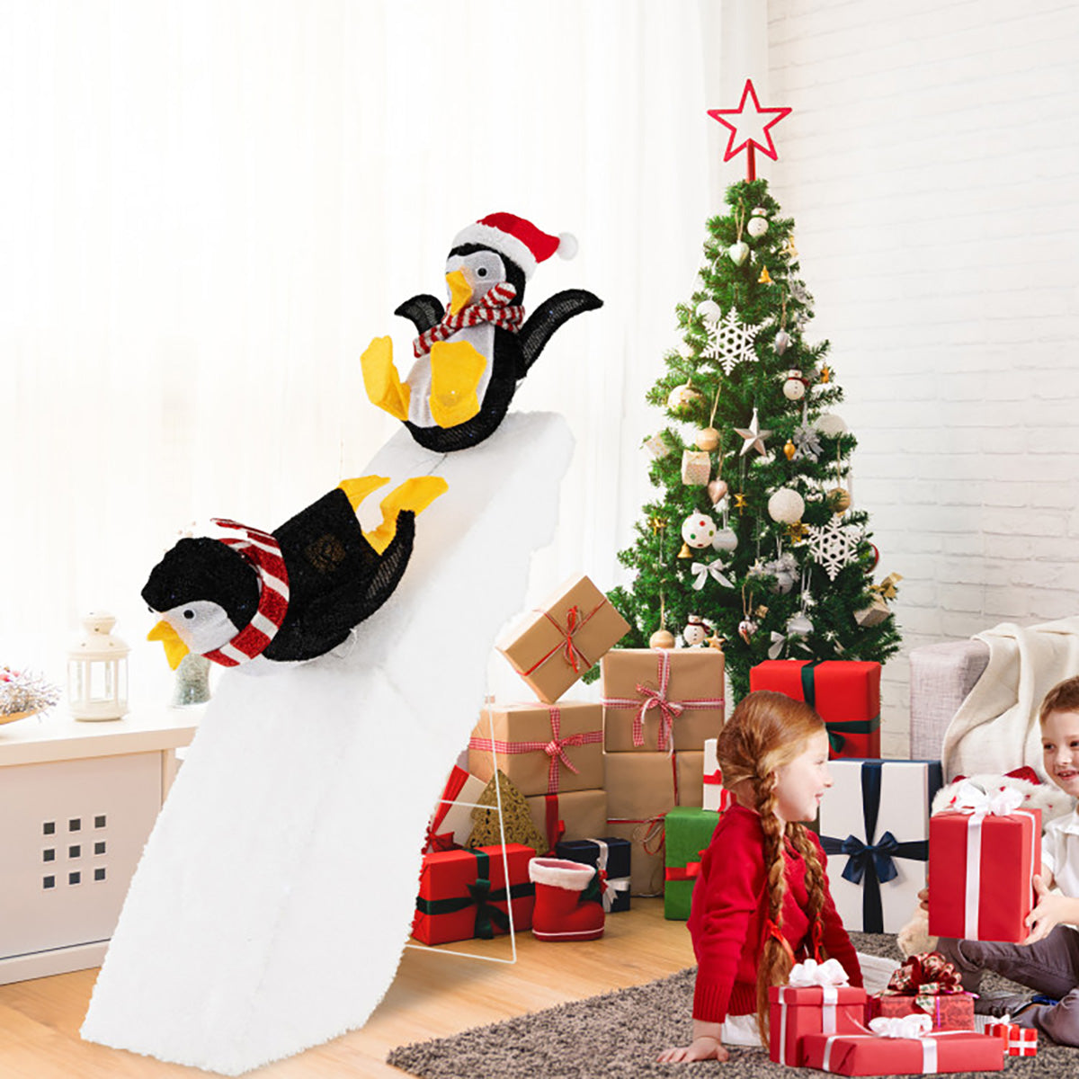 4' Pre-Lit Christmas Penguin Ice Skating Decor with Snowy Slide