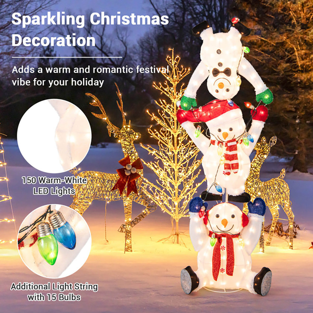 5.6' Pre-Lit Lighted Stacked Snowmen Decoration