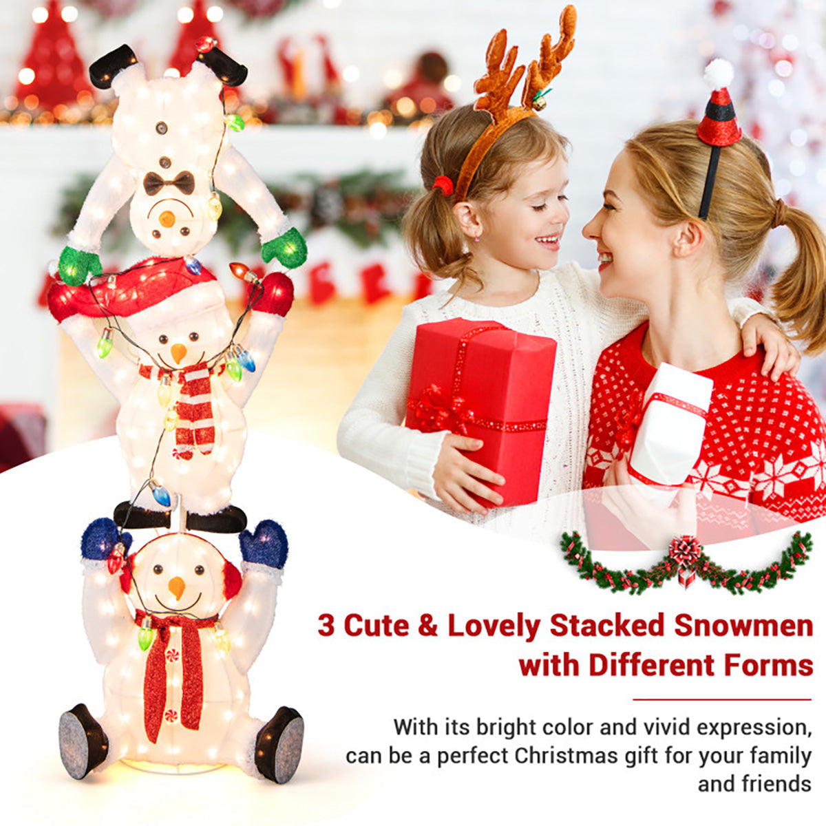 5.6' Pre-Lit Lighted Stacked Snowmen Decoration