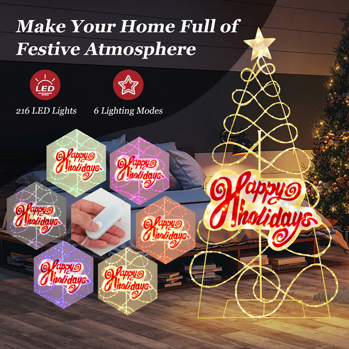 5.6' Pre-Lit Happy Holidays Christmas Tree Decoration