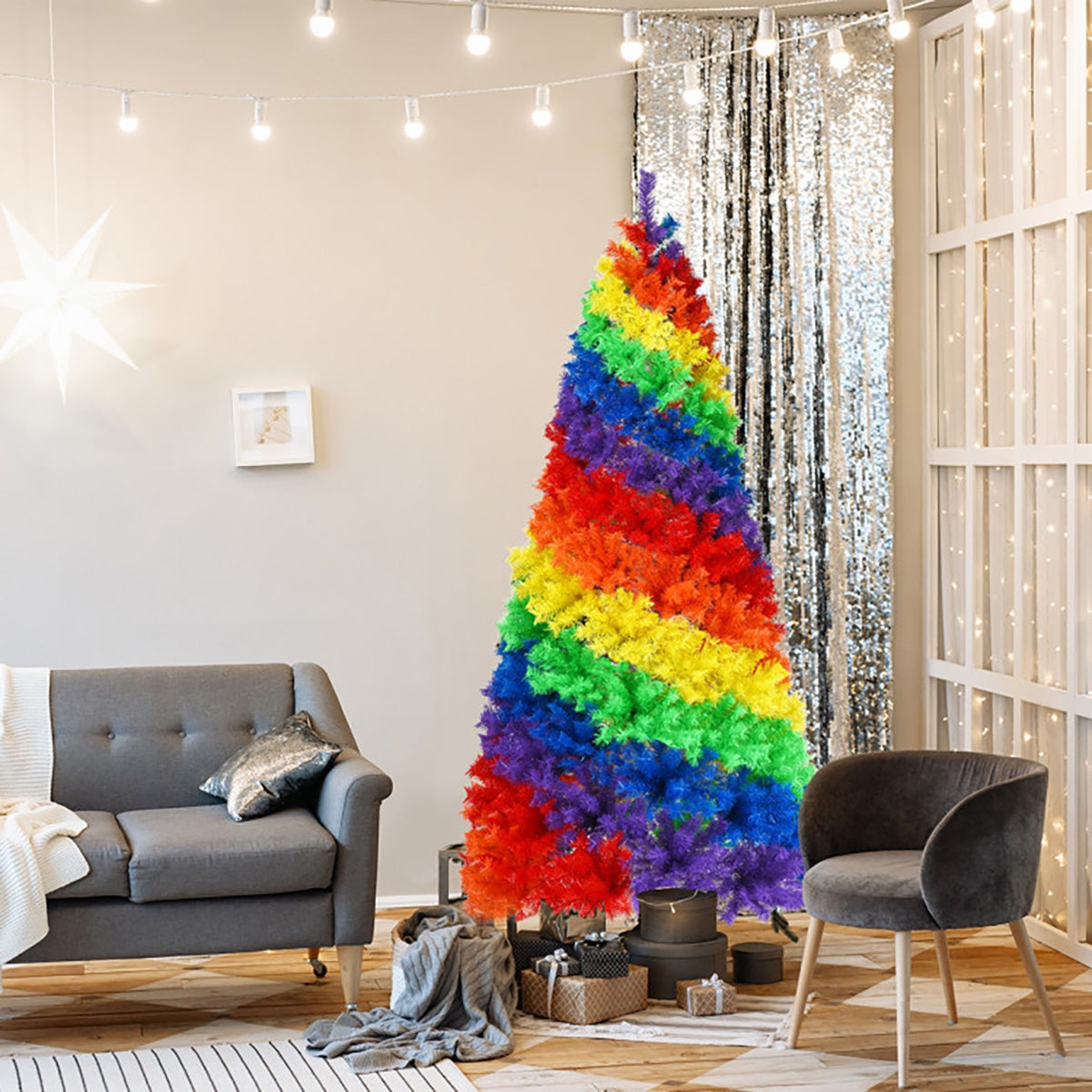 7' Artificial Rainbow Hinged Christmas Tree