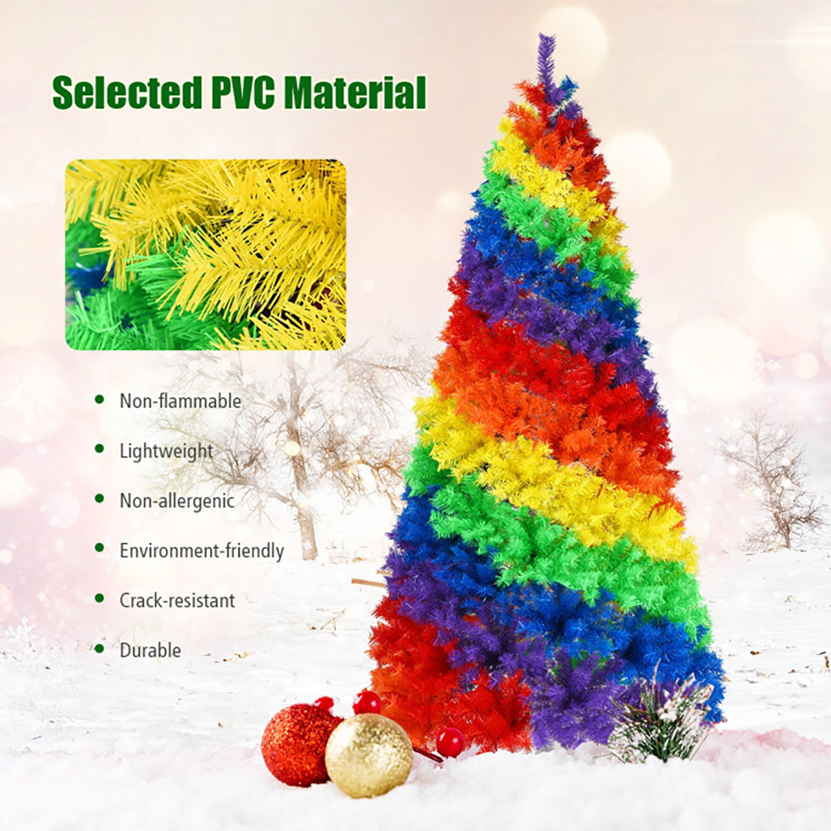 7' Artificial Rainbow Hinged Christmas Tree