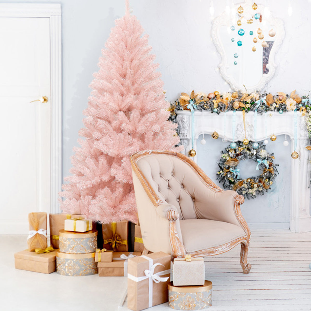 6' Pink Pre-Lit Artificial Hinged Fur Christmas Tree