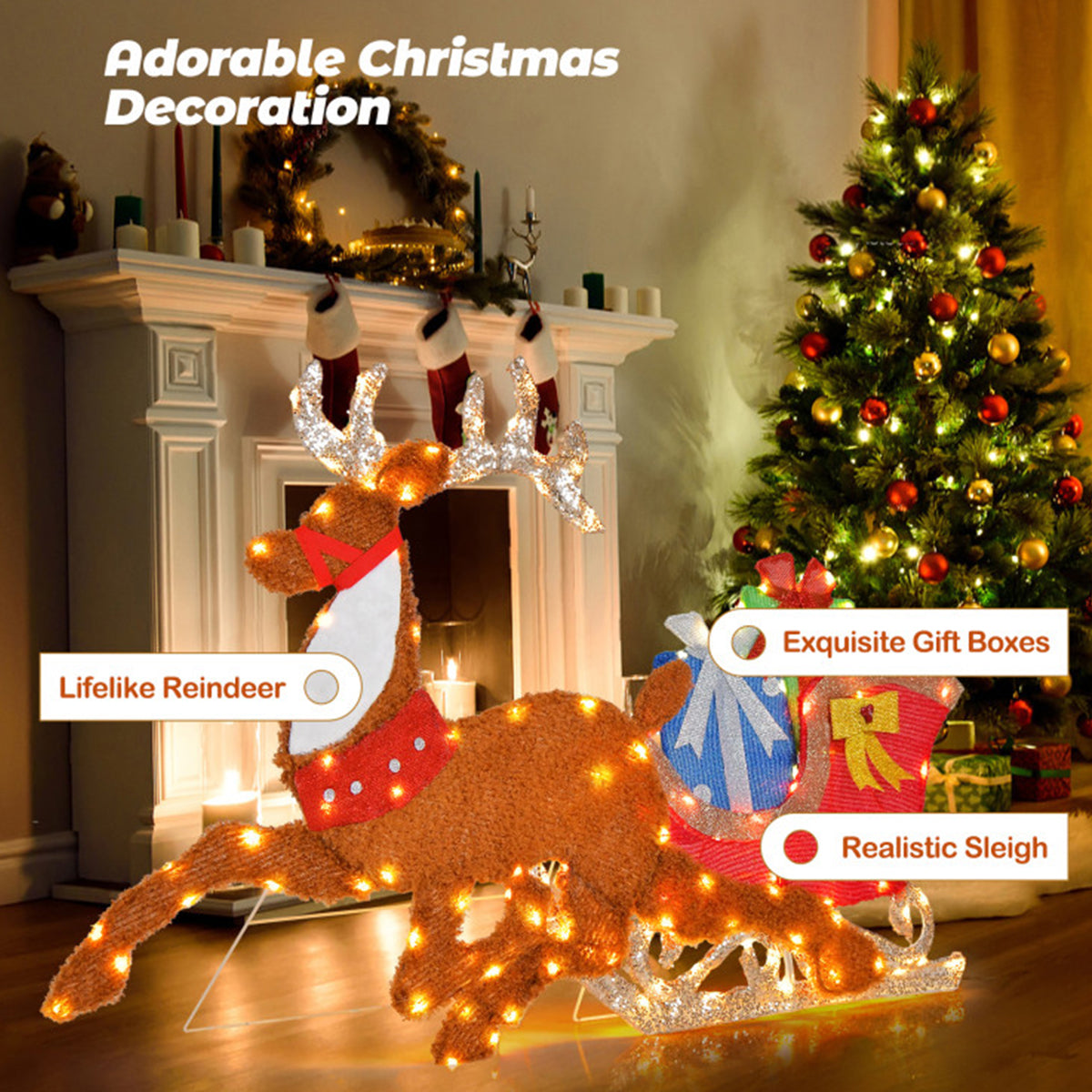 2D Pre-Lit Christmas Reindeer and Sleigh Decoration