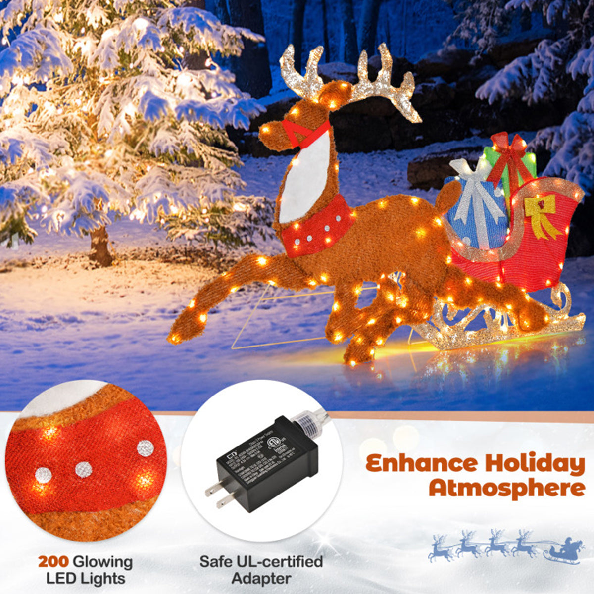 2D Pre-Lit Christmas Reindeer and Sleigh Decoration