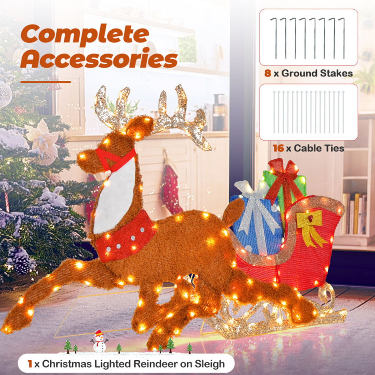 2D Pre-Lit Christmas Reindeer and Sleigh Decoration