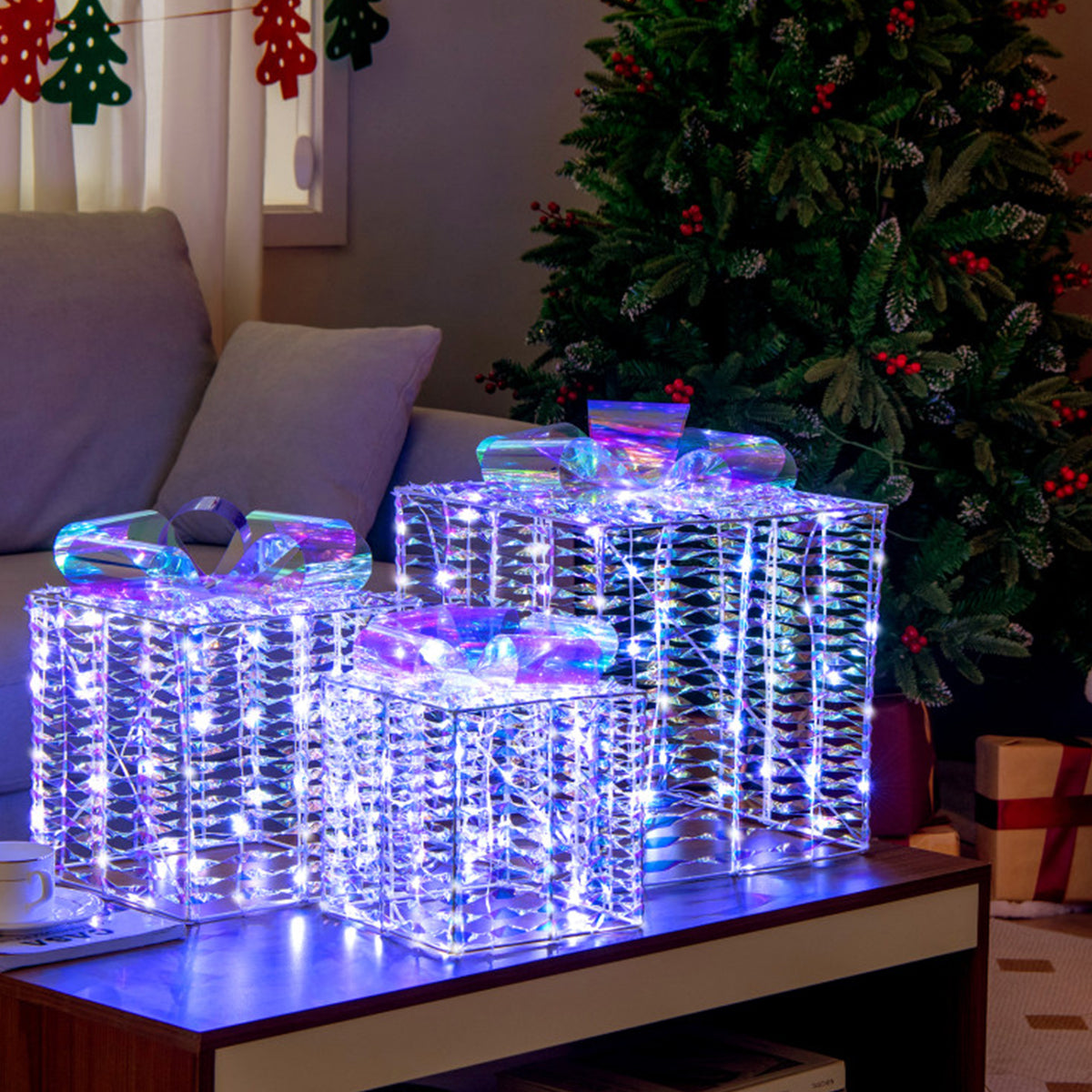 Iridescent Pre-Lit Christmas Gift Box Decoration (Set of 3)