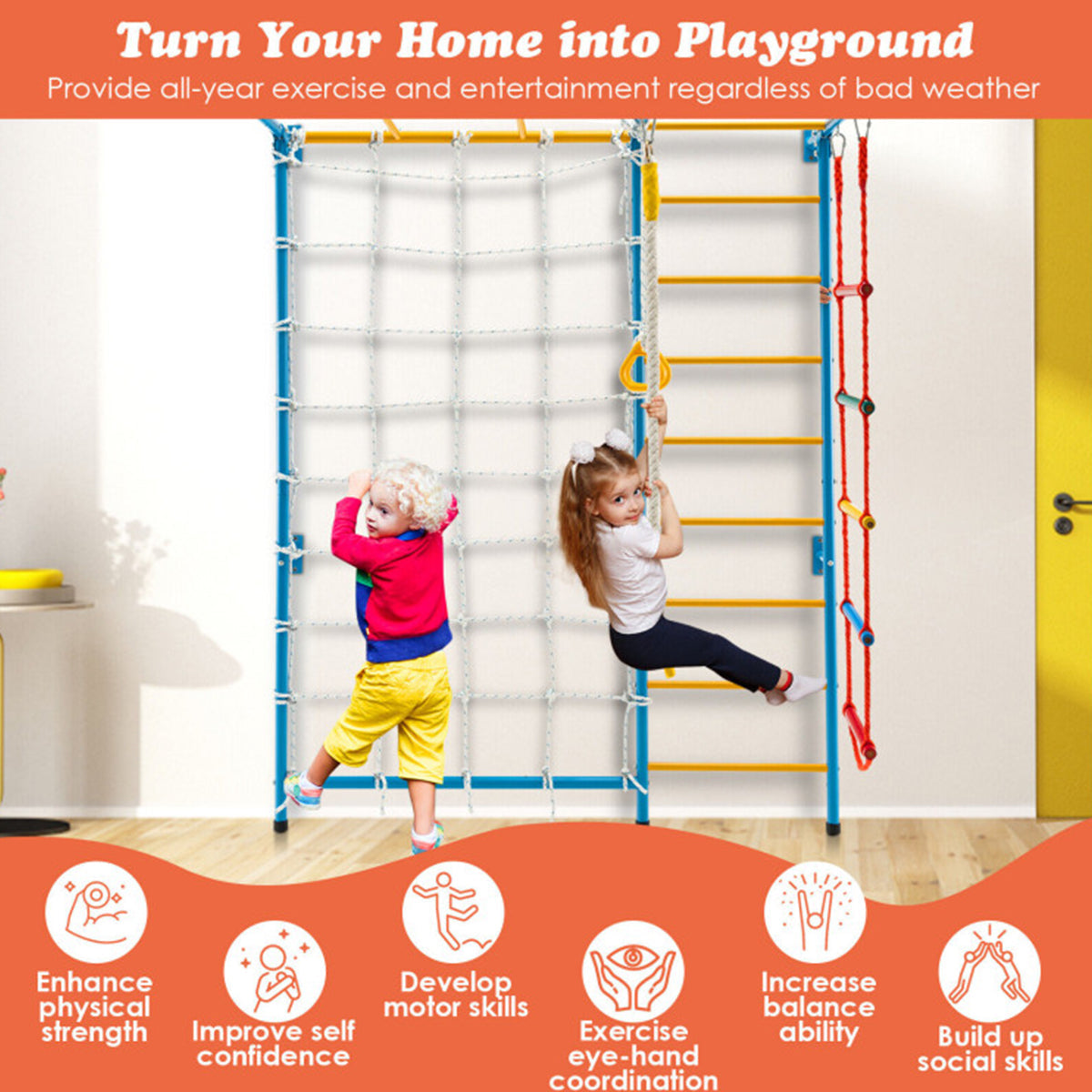 7-in-1 Kids Indoor Swedish Wall Gym Set