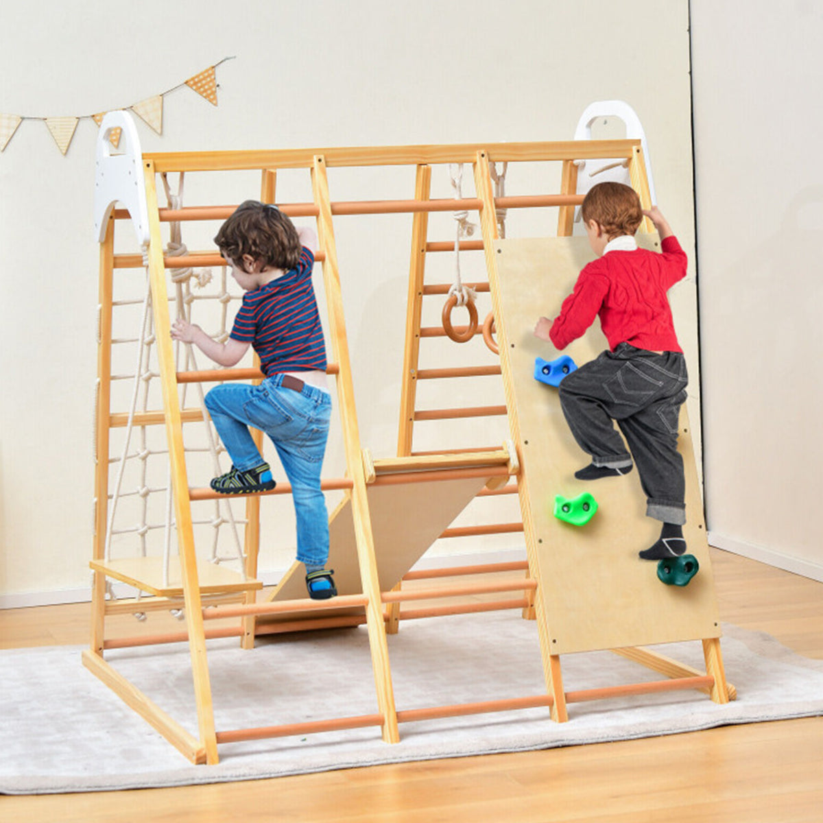 8-in-1 Wooden Jungle Gym Playset with Slide and Monkey Bars