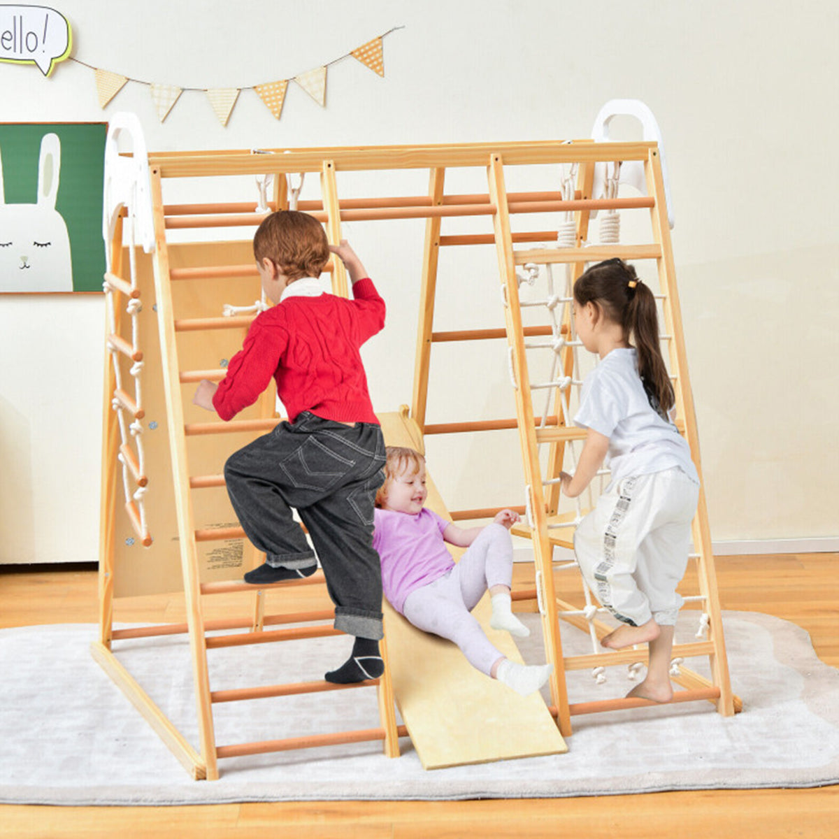 8-in-1 Wooden Jungle Gym Playset with Slide and Monkey Bars