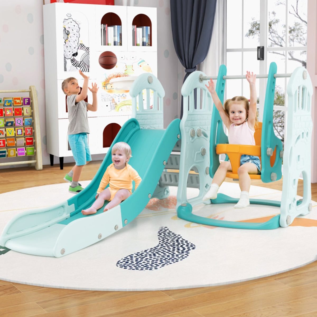 3-in-1 Toddler Slide and Swing Set with Basketball Hoop