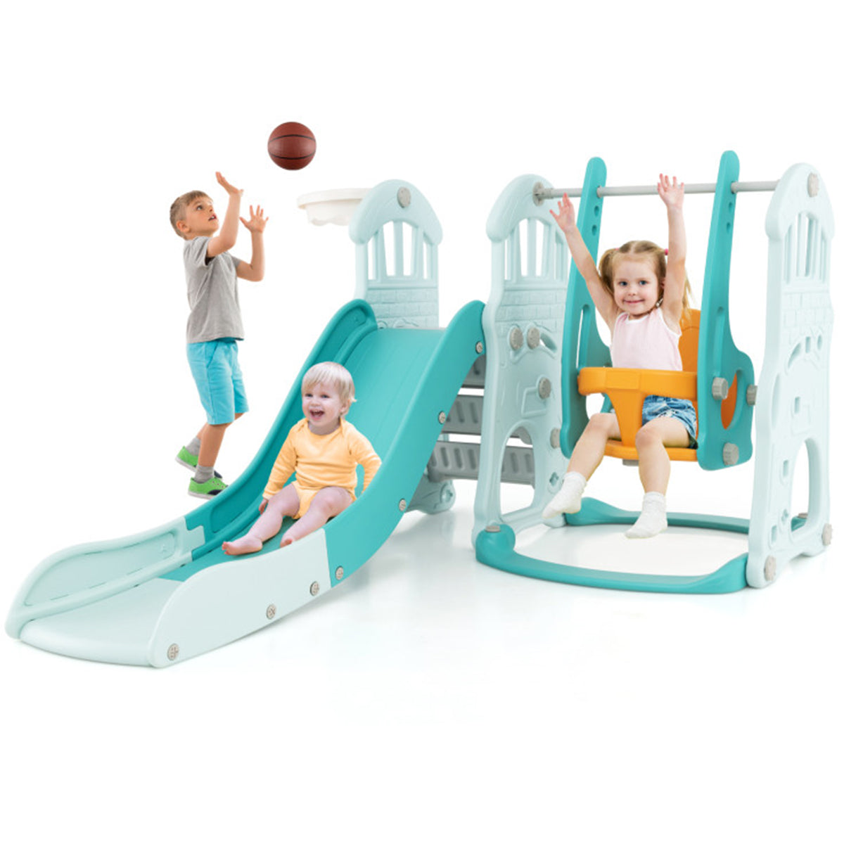 3-in-1 Toddler Slide and Swing Set with Basketball Hoop