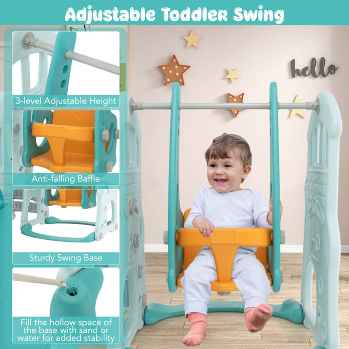 3-in-1 Toddler Slide and Swing Set with Basketball Hoop