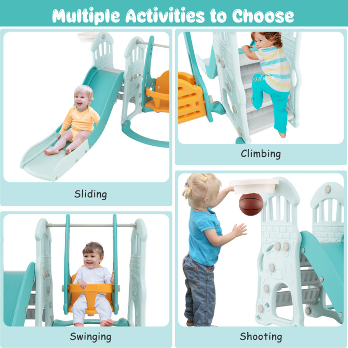 3-in-1 Toddler Slide and Swing Set with Basketball Hoop