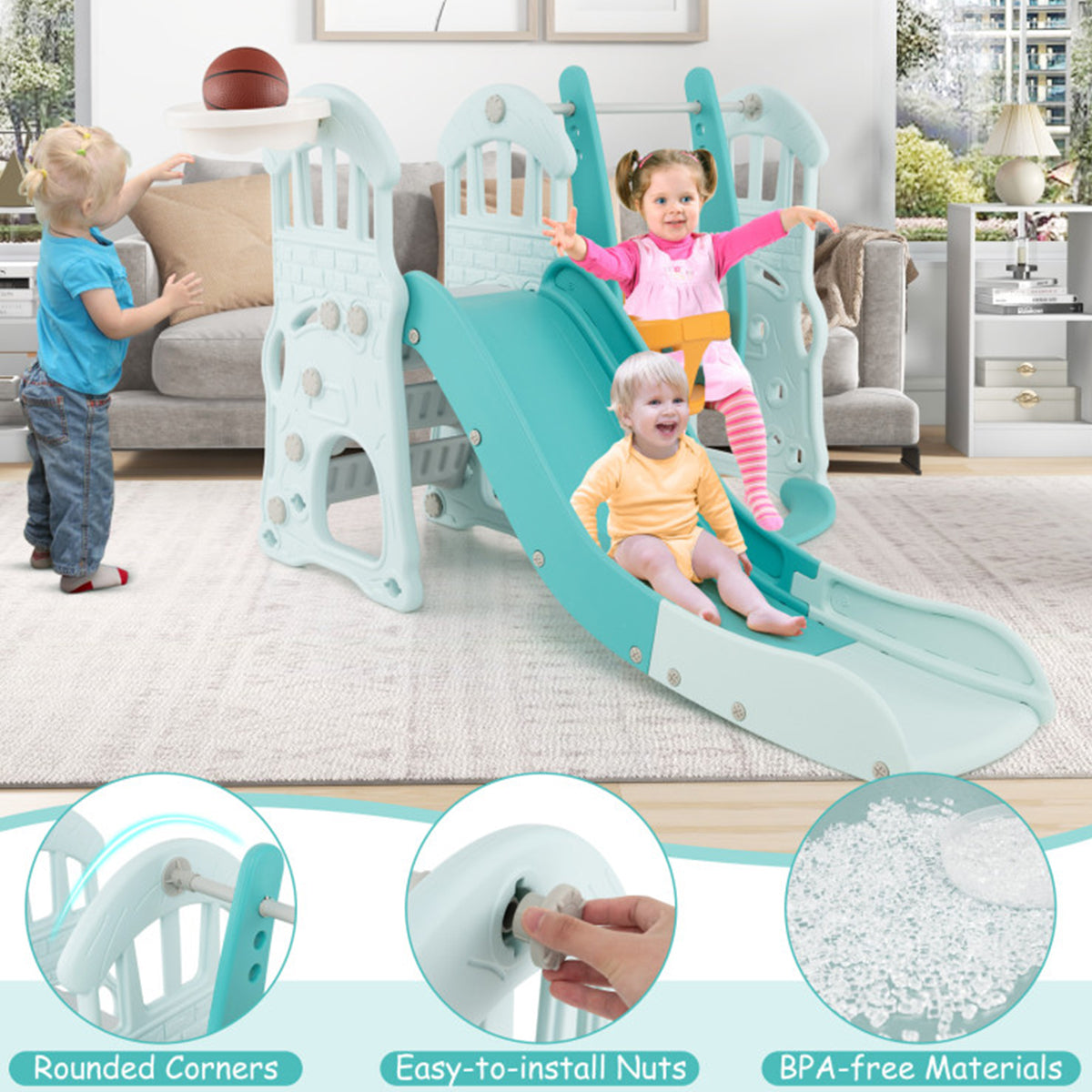 3-in-1 Toddler Slide and Swing Set with Basketball Hoop