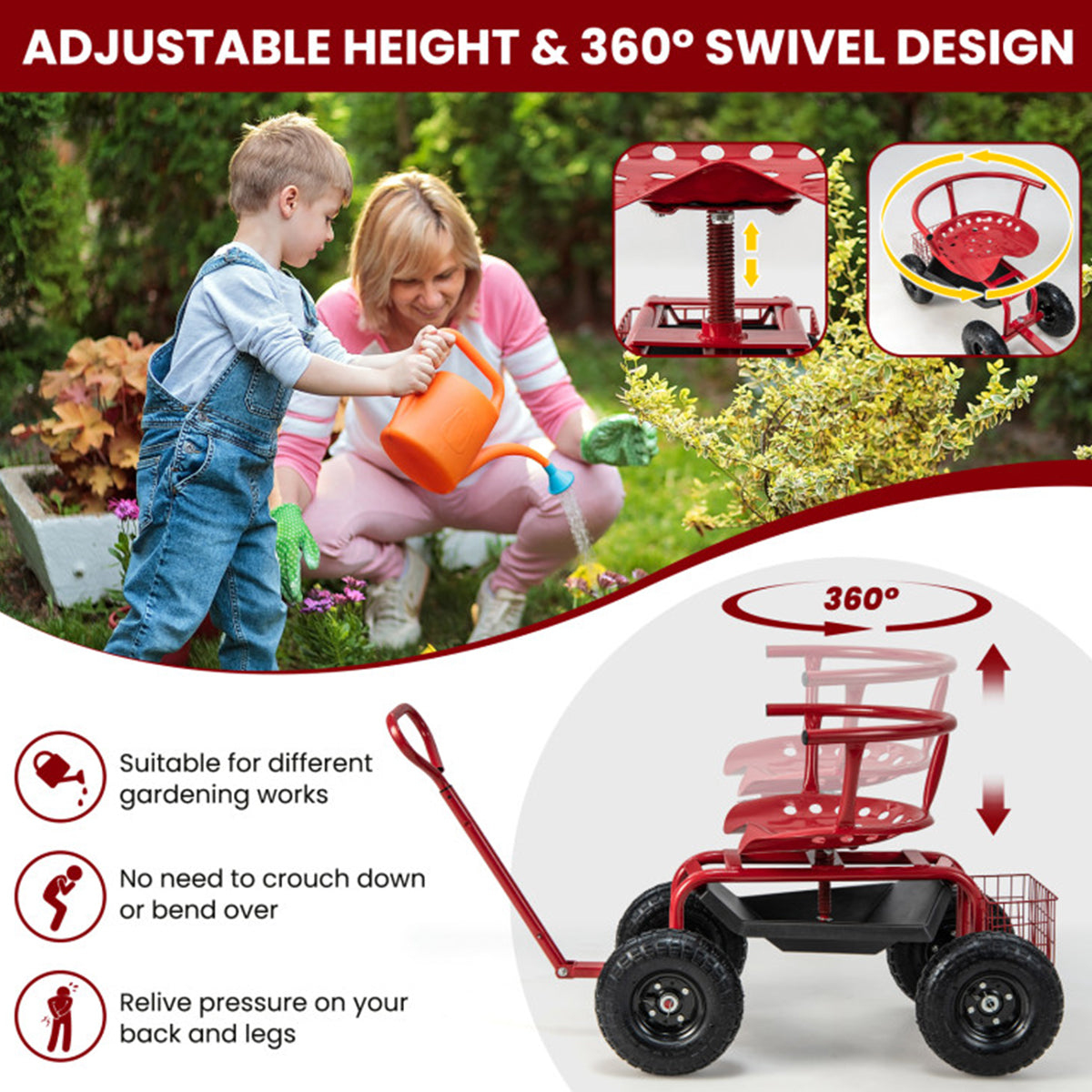 Cushioned Rolling Garden Cart with Swivel Seat