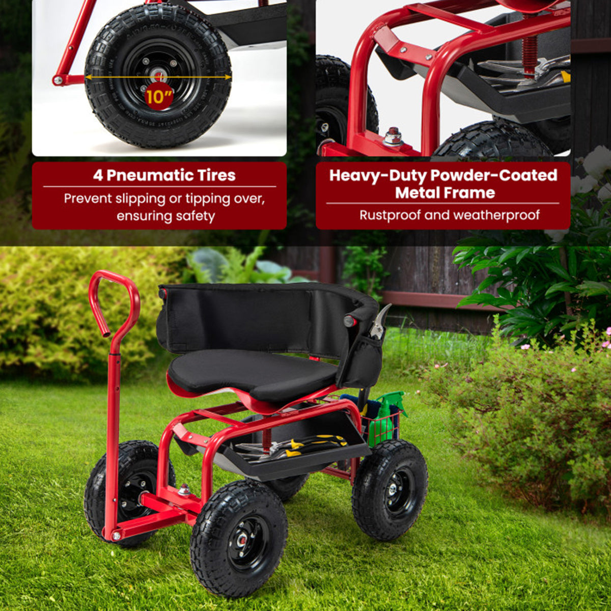 Cushioned Rolling Garden Cart with Swivel Seat