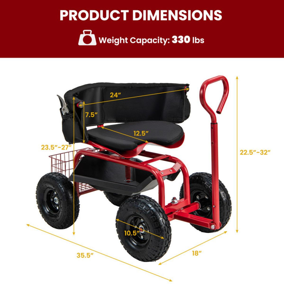 Cushioned Rolling Garden Cart with Swivel Seat